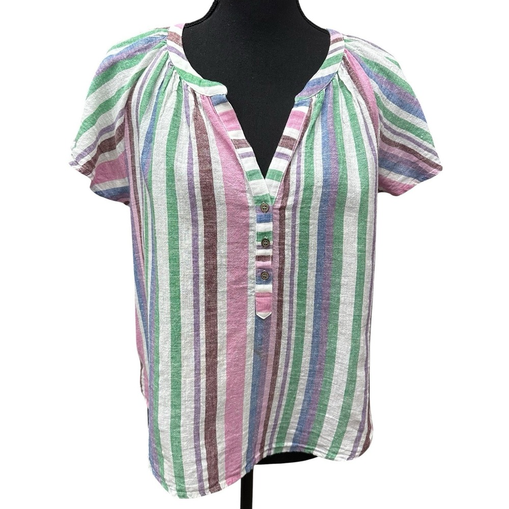 Xirena Cap Sleeve V Neck Summer‎ Lightweight Linen Blend Blouse Top Striped M